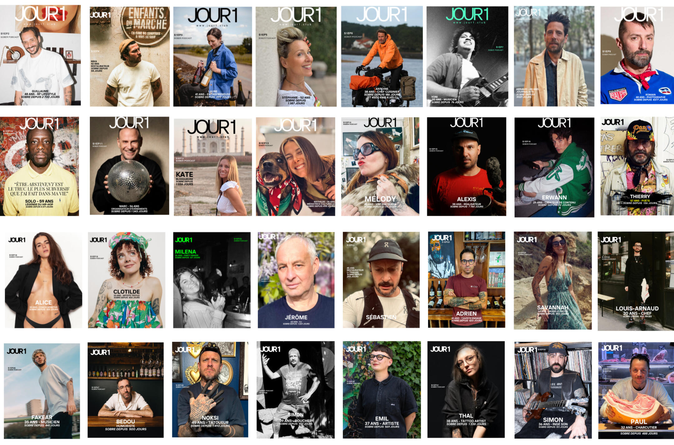Sur ce patchwork, on y voit les 32 premières couvertures des épisodes du Sober Podcast de JOUR1. Des visages heureux d'explorer leur chemins de sobriété